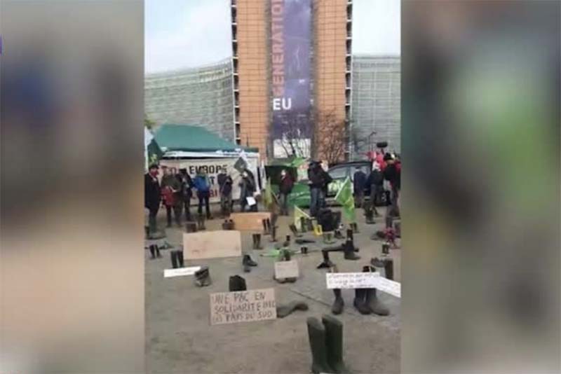 В знак протеста бельгийские фермеры принесли к зданию ЕС резиновые сапоги